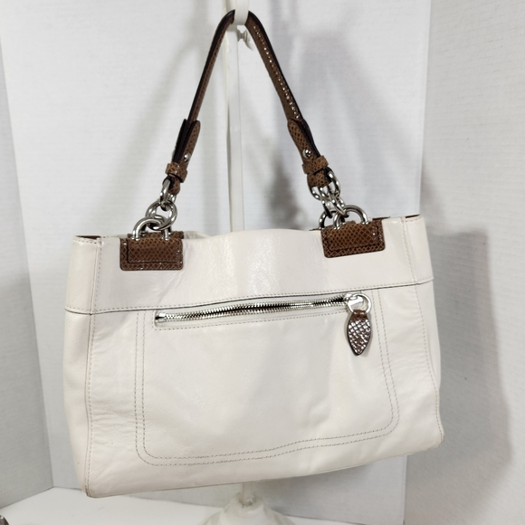 Coach penelope satchel purse ivory and brown silver hardware snake skin trim - Picture 2 of 16